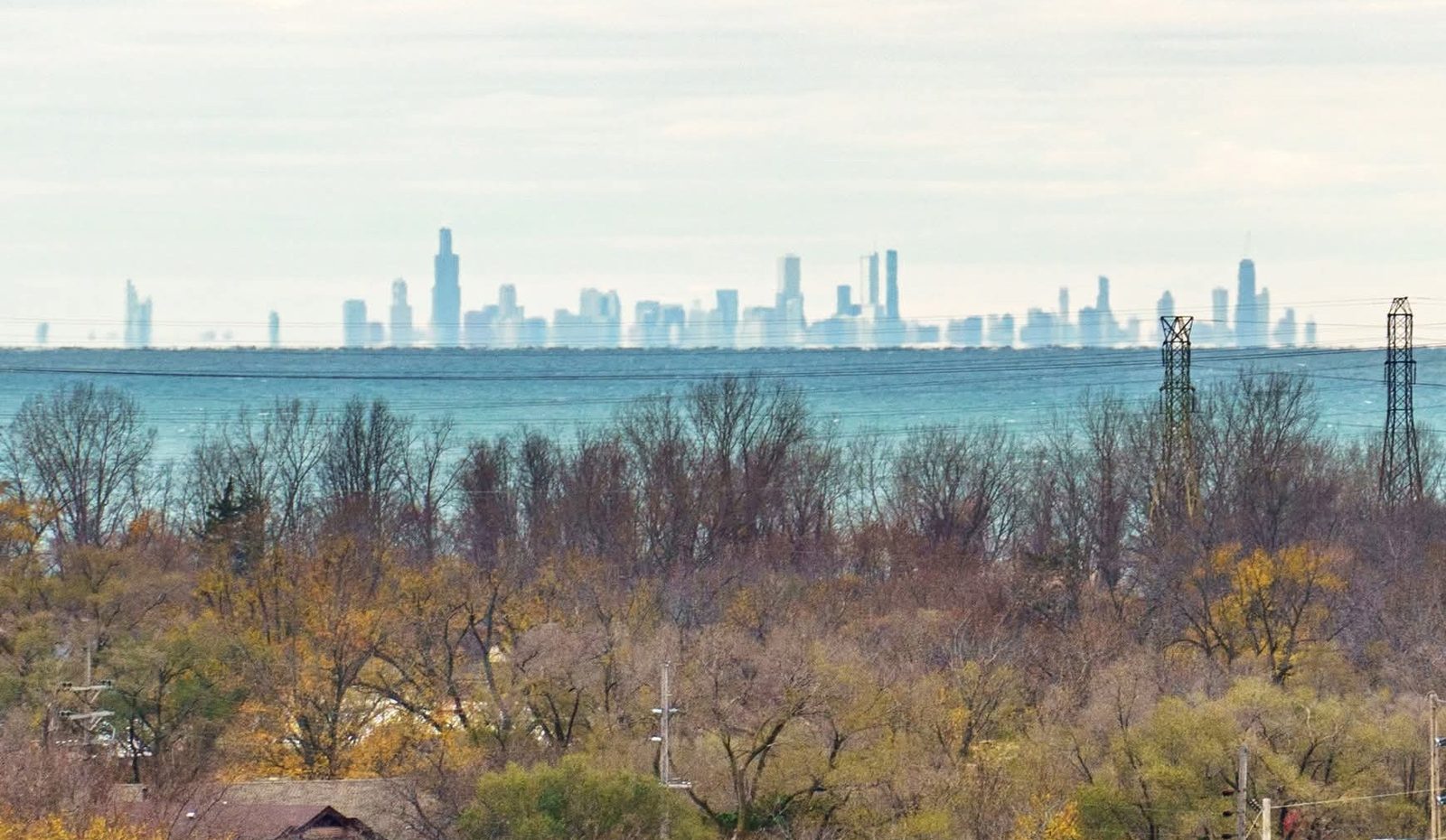 Sunset view of the Chicago skyline across Lake Michigan from the Indiana shore