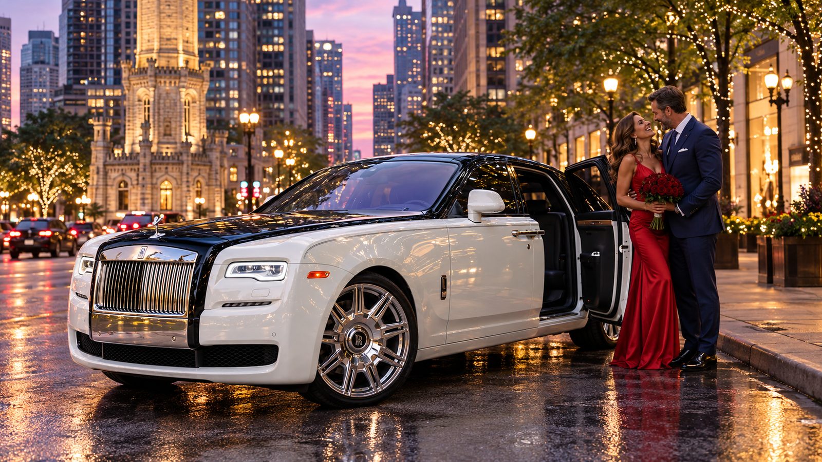 A couple beside a white Rolls-Royce Ghost on a Chicago street at dusk