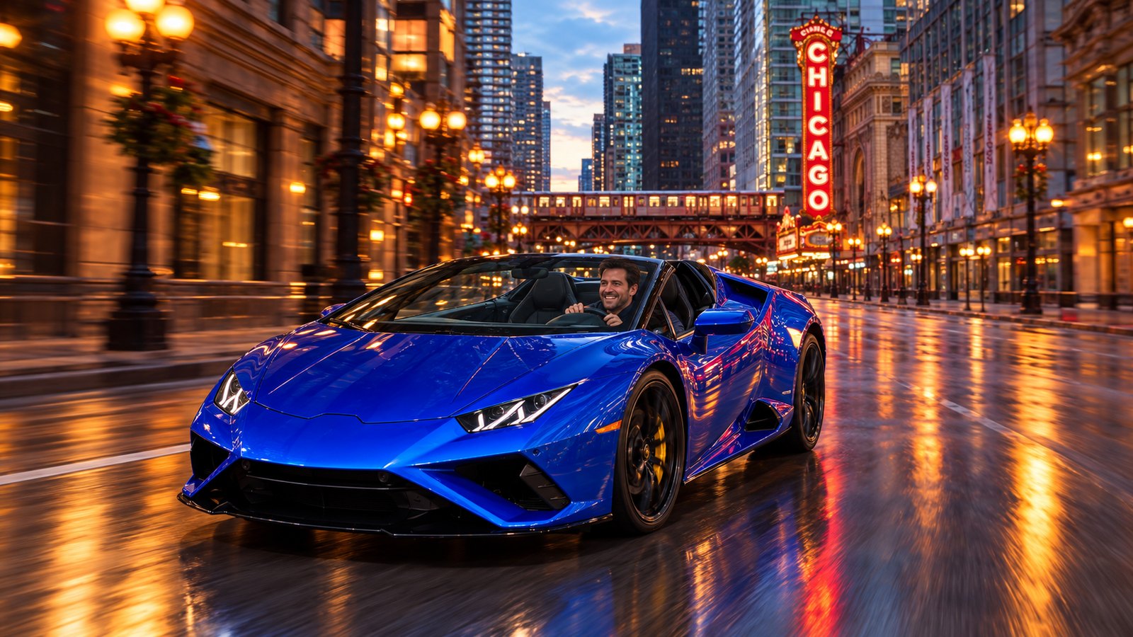 A blue Lamborghini Huracán EVO Spyder on State Street at dusk, the Chicago Theatre sign glowing behind